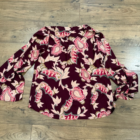 Show Me Your Mumu Womens Maroon Floral Bell Sleeve Sheer Blouse Button Large L - Picture 5 of 5
